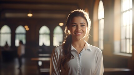 Obraz premium Schoolgirl with a radiant smile, standing in a sunlit classroom,