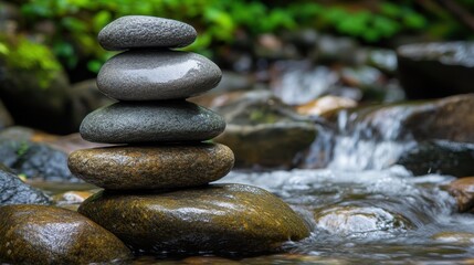 Balanced stack of smooth stones by a tranquil stream in a serene natural forest setting, perfect for relaxation and meditation concepts.