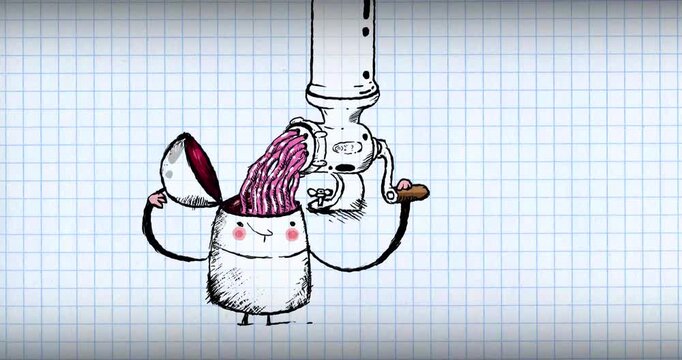 Brainstorm machine multiple grid doodle crazy. Cartoon animation with a few cute  human characters walking. Brain forming. Process of idea formation. Information metaphor.
