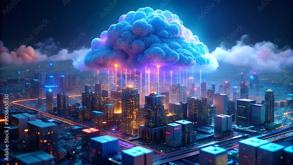 Poster Technology Networking and Digital Communication Concept – Cloud Computing, Web Storage, AI, and Global Social Media with Futuristic Binary Background