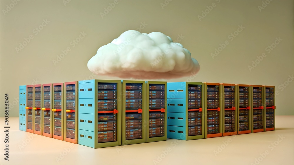 Aufkleber cloud storage technology 3d render illustration – online data storage and cloud computing with white