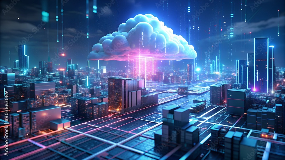 Poster Technology Networking and Digital Communication Concept – Cloud Computing, Web Storage, AI, and Global Social Media with Futuristic Binary Background
