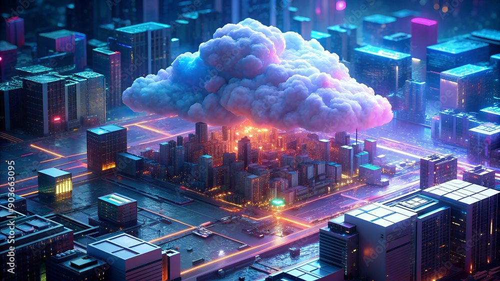 Poster Technology Networking and Digital Communication Concept – Cloud Computing, Web Storage, AI, and Global Social Media with Futuristic Binary Background