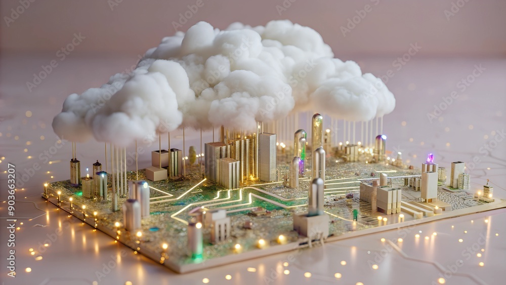 Poster Technology Networking and Digital Communication Concept – Cloud Computing, Web Storage, AI, and Global Social Media with Futuristic Binary Background