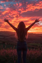 Woman Enjoying a Vibrant Sunset Over Rolling Hills with Arms Raised in Celebration