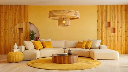 Minimalist Modern Living Room Interior Design - Beige Corner Sofa against Wooden Paneling Wall