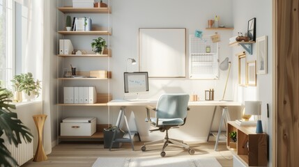 A well-organized Scandinavian-style home office featuring a desk, shelves, and plants, creating a vibrant atmosphere for work and creativity