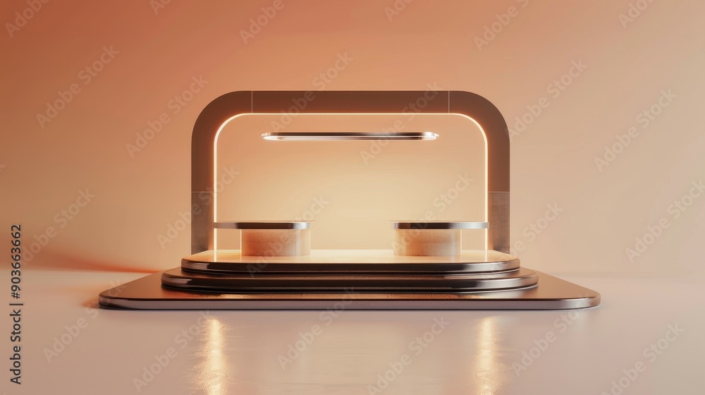 Aufkleber modern product display stand with two empty containers on a lit platform. minimalist, clean design. 
