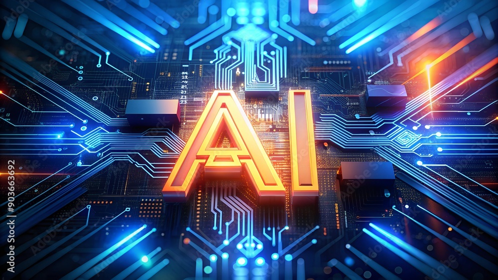 Poster motherboard with ai chip - concept of artificial intelligence technology and microprocessor on pcb c