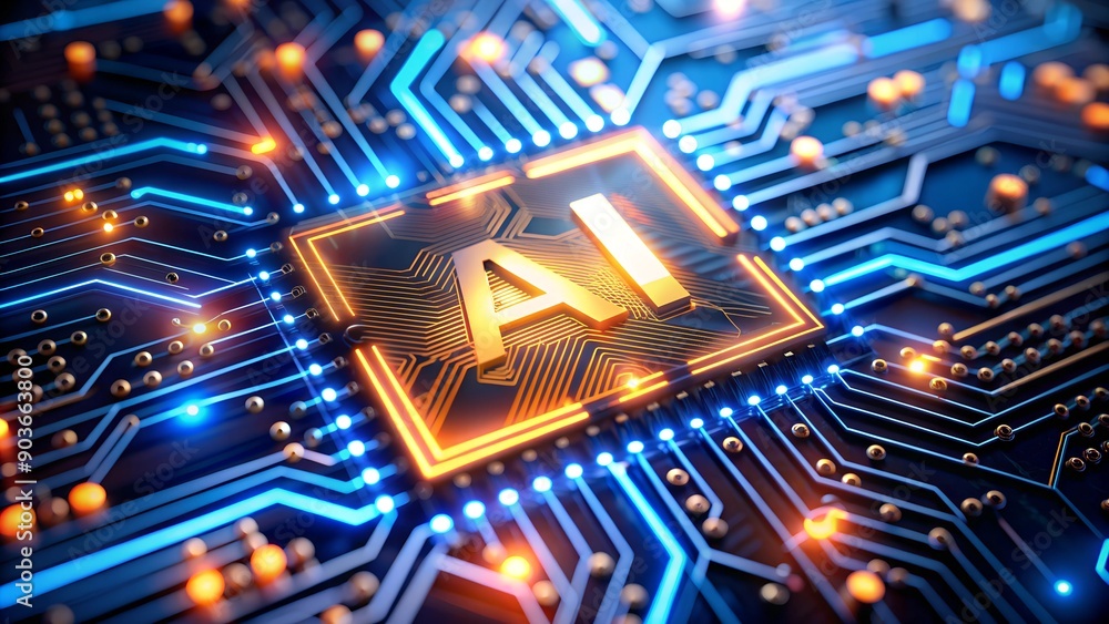 Poster motherboard with ai chip - concept of artificial intelligence technology and microprocessor on pcb c