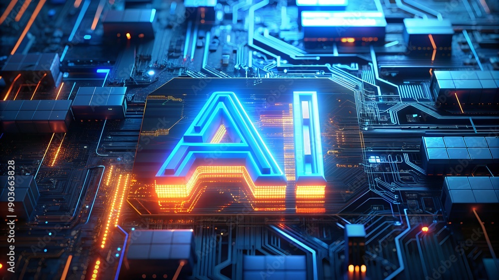 Poster motherboard with ai chip - concept of artificial intelligence technology and microprocessor on pcb c