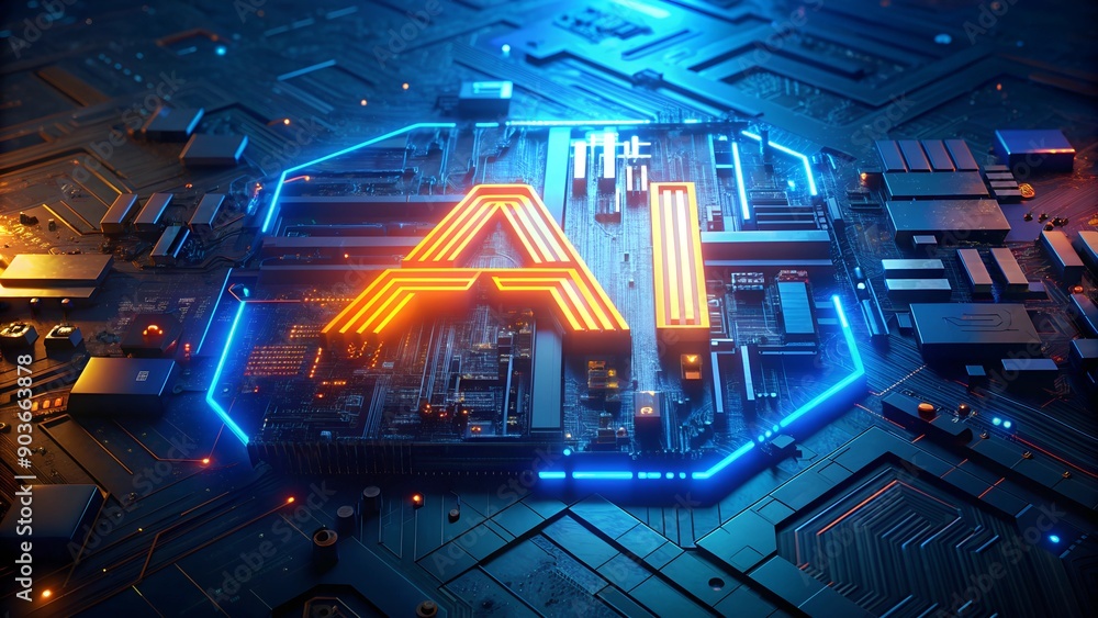 Poster motherboard with ai chip - concept of artificial intelligence technology and microprocessor on pcb c
