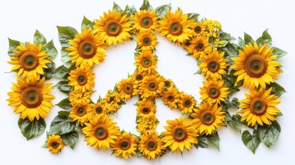 Vibrant peace symbol made from sunflowers on a white background, representing peace, love, and nature.