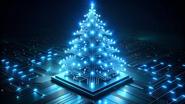 Futuristic Technology Holiday: Neon Blue Microchip Christmas Tree with Luminescent Circuitry Lights on Motherboard Base - Digital Celebration Concept