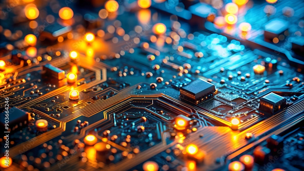 Poster macro image of processor or graphics card - close-up of technological device with neon led lights