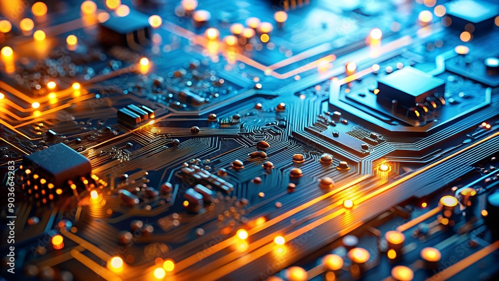 Poster macro image of processor or graphics card - close-up of technological device with neon led lights