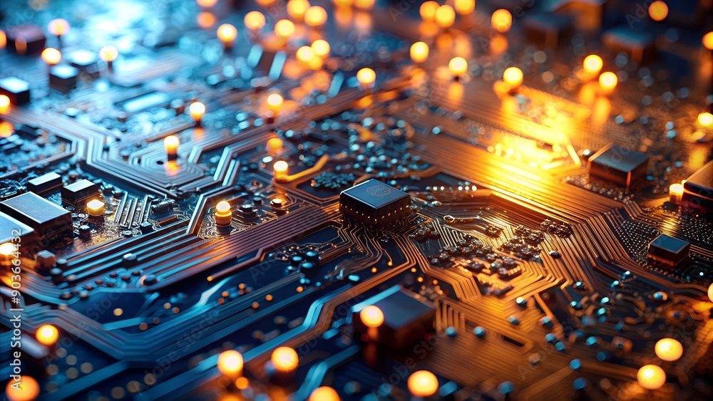 Poster macro image of processor or graphics card - close-up of technological device with neon led lights