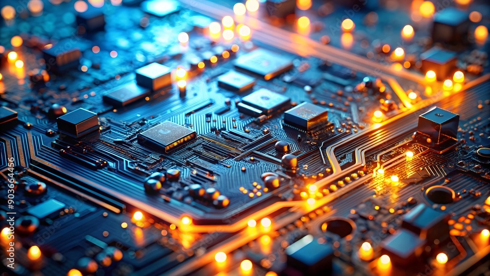 Poster macro image of processor or graphics card - close-up of technological device with neon led lights