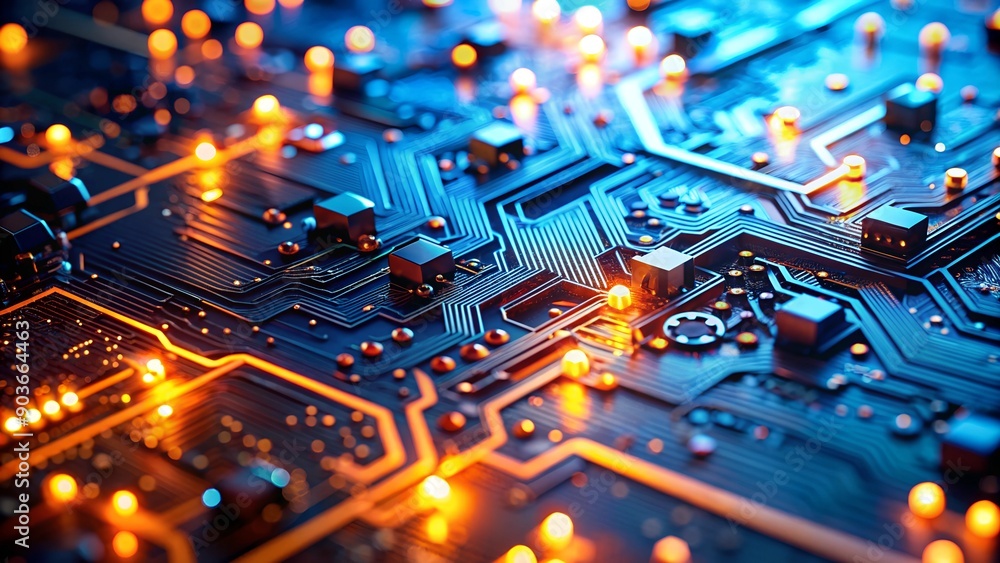 Poster macro image of processor or graphics card - close-up of technological device with neon led lights