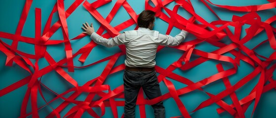 A man trapped in a web of red tape representing the overwhelming bureaucratic and debt related issues he faces