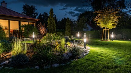 Obraz premium Elegant and Modern Garden LED Lighting Illuminating the Space Modern Landscaping Theme.