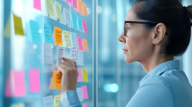 A business professional in glasses organizing colorful sticky notes on a glass board. The modern office setting highlights a high-tech, collaborative work environment.