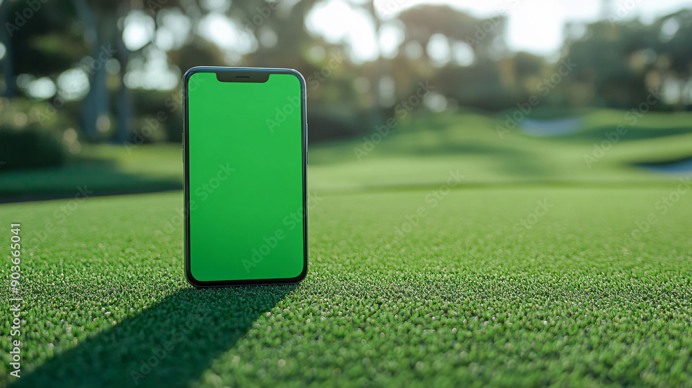 Wall mural Smartphone mockup with green screen at golf course.