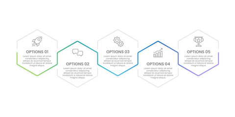 5 steps infographic hexagon elements with line design template. Business presentation, Planning, Workflow, Marketing, Brochure and Banner. Vector illustration.