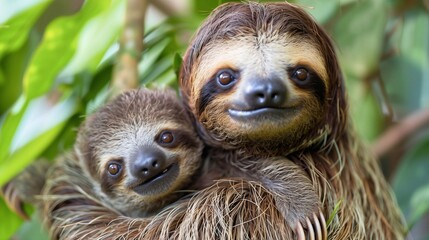 Naklejka premium A sloth with a calf