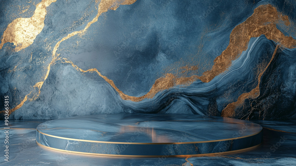 Poster blue marble and gold abstract background with generative ai. product display podium.