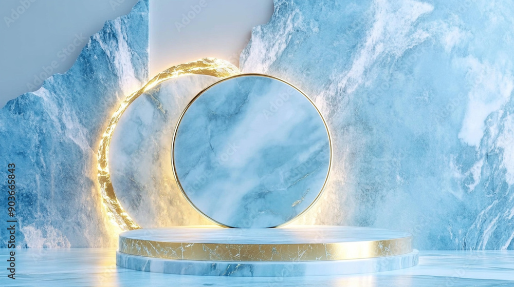 Poster blue marble and gold abstract background with generative ai. product display podium.