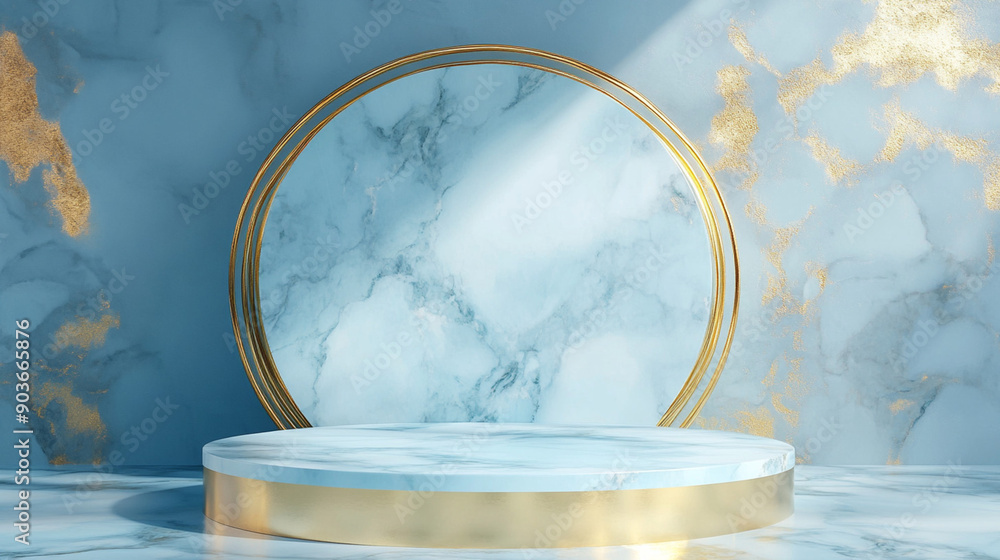 Poster blue marble and gold abstract background with generative ai. product display podium.