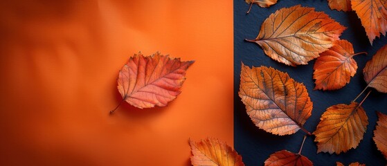 Obraz premium Vibrant Autumn Leaves on Orange and Black Backgrounds Highlighting Seasonal Colors and Textures