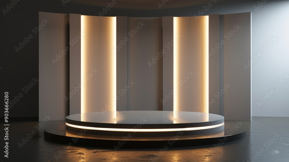Poster a circular platform with glowing lights on a minimalist backdrop. perfect for product displays or pr