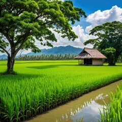 Obraz premium Serene Rice Paddy Retreat: A tranquil escape amidst lush green rice fields, a traditional hut nestled under a sprawling tree with majestic mountains in the distance. 