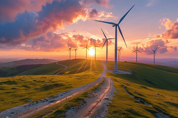 Obraz premium Wind Turbines on a Hilltop at Sunset