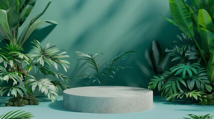 A circular platform sits amidst lush green foliage, perfect for showcasing products in a natural setting.