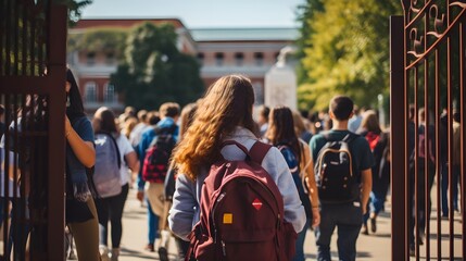 Students eagerly entering school gates, backpacks slung over shoulders
