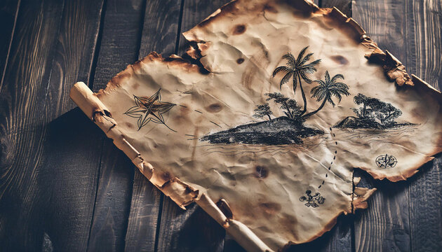 carte au tr&eacute;sor de l'or de pirates ou corsaires sur vieux papier parchemin et table