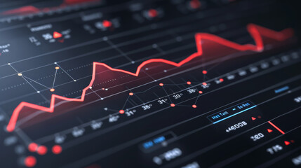 Close-up of red graphics on a digital screen on a dark background. Realistic graphical representation of downward trend. Bright business diagram. Shares and business concept.