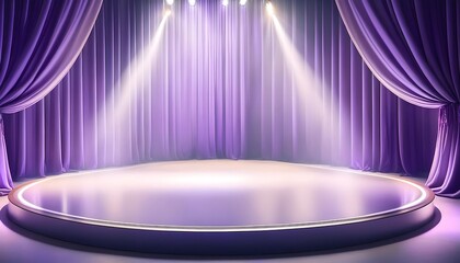 Podium or stage background for displaying products with purple theme curtains and spotlights, promotions, advertisements