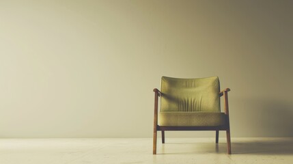 A single,  comfortable armchair stands alone in a minimalist room.  The chair is upholstered in a soft green fabric and has wooden legs.  The room is bathed in soft, natural light.