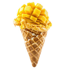 Delicious Mango Ice Cream Cone with Fresh Mango Topping on a White Background