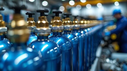 Oxygen cylinder with compressed gas. Blue Oxygen tanks for industry. Liquefied oxygen production. Factory