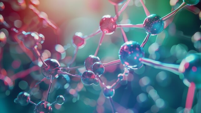 Abstract 3D rendering of a molecular structure with colorful spheres and connecting lines, against a bokeh background.