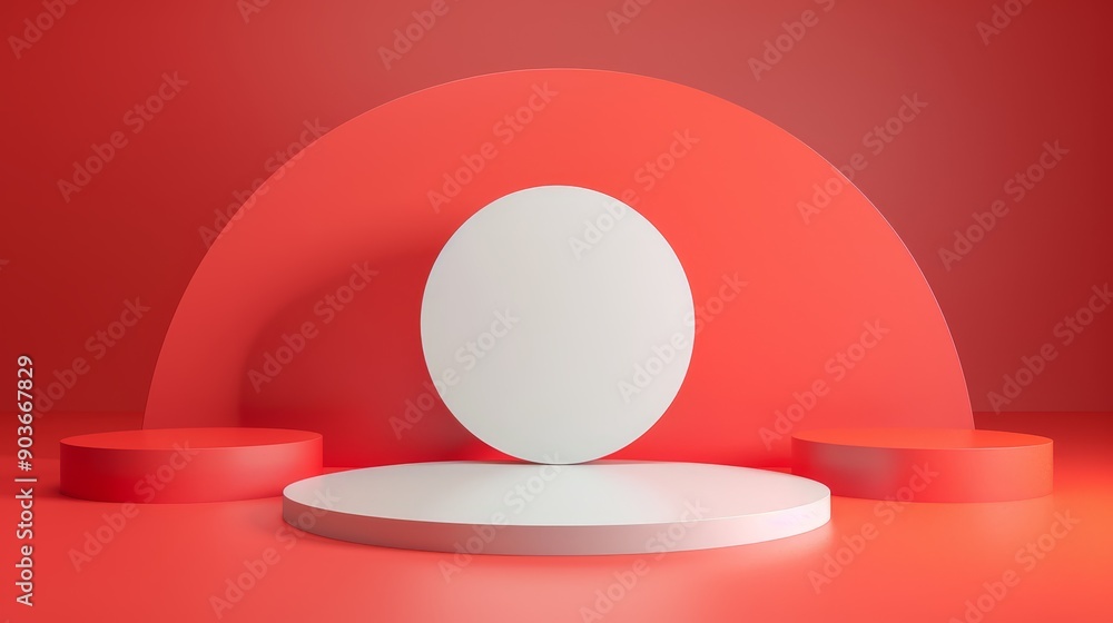 Poster abstract red and white geometric shapes with podiums for product display. modern minimal background.