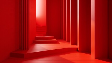 Fototapeta premium Abstract red hallway with steps and pillars. Minimalist architecture design.