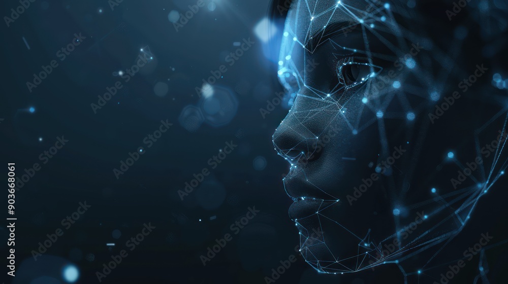 Poster abstract ai face composed of geometric shapes and light patterns