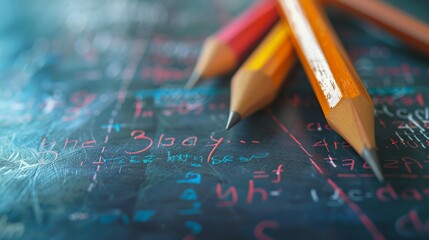 Close-up of three pencils lying on a chalkboard with handwritten equations and formulas.