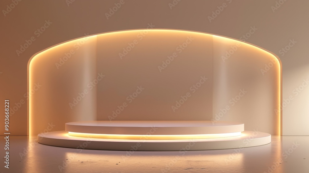 Poster minimalist product display with a glowing arch and a circular platform.